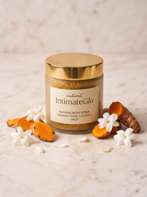 IntimateGlo Turmeric Kojic Acid Brightening Body Scrub - hero product shot with gold lid